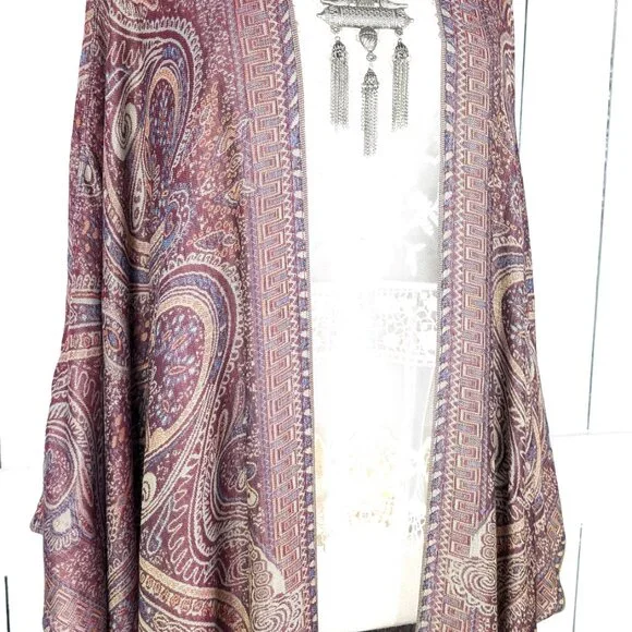 Grey burgundy tribal paisley pashmina kimono cover up jacket - Picture 4 of 6